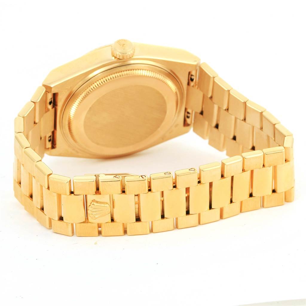 This is a rear view of the Rolex Oysterquartz 19018 Men's Stainless Steel Brown Dial 19018 Men's Stainless Steel Brown Dial watch, showcasing the case back and bracelet.