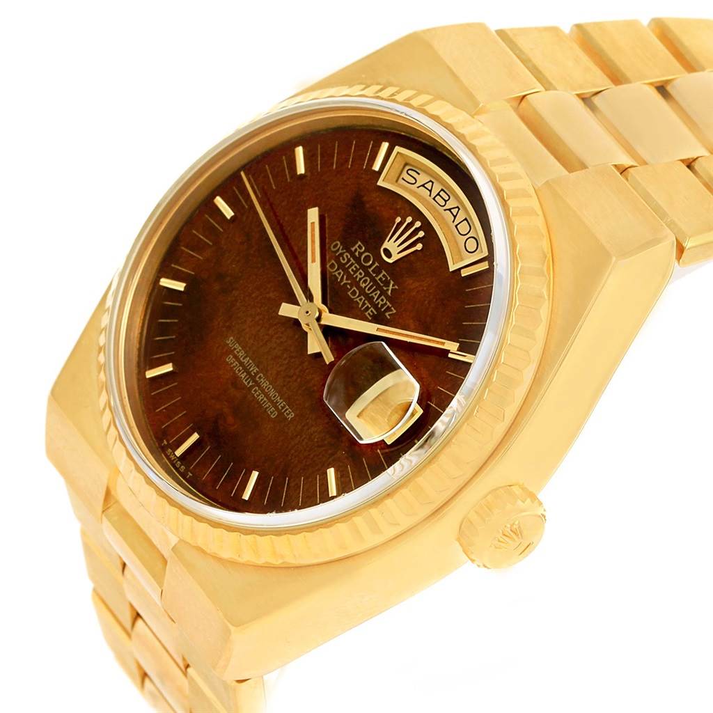 The image shows a close-up angle of a Rolex Oysterquartz 19018 Men's Stainless Steel Brown Dial 19018 Men's Stainless Steel Brown Dial watch, highlighting the dial, crown, and part of the bracelet.