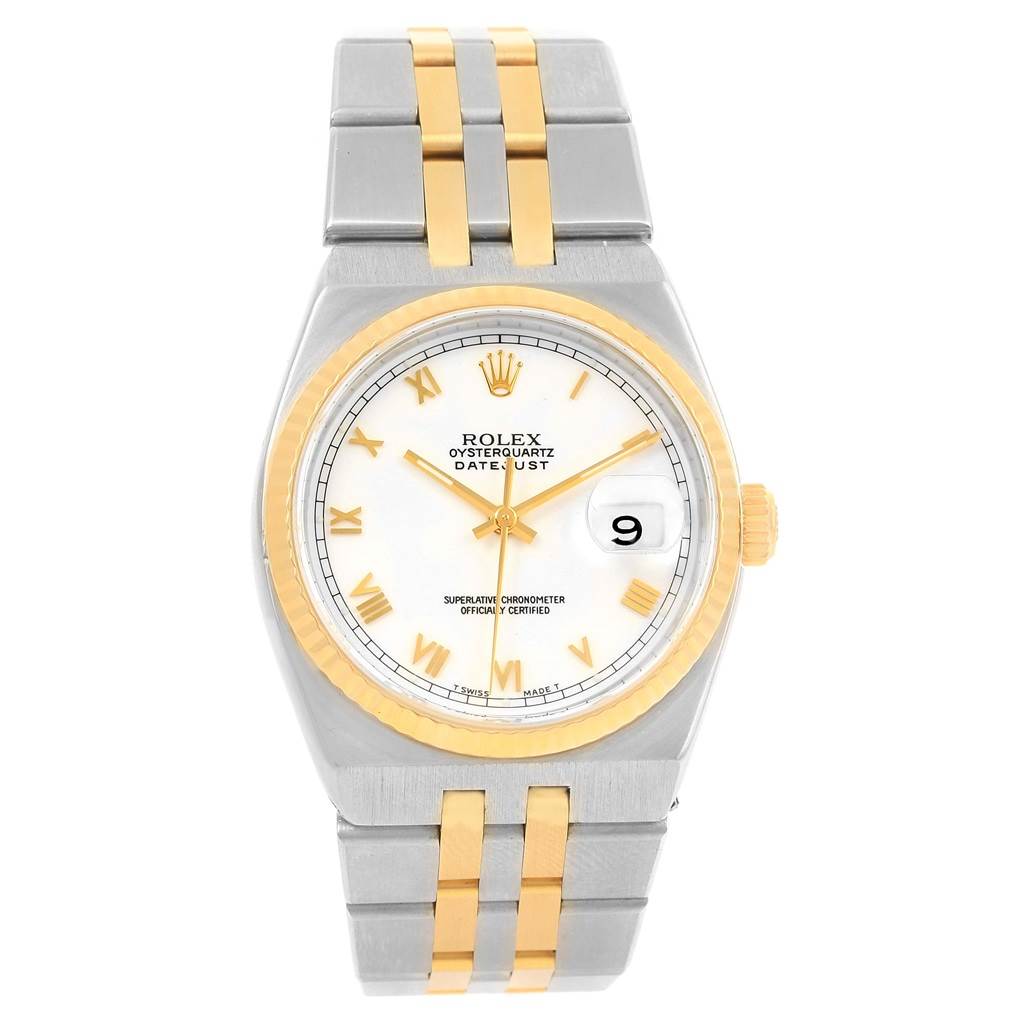 The image shows a front view of the Rolex Oysterquartz 17013 Men
s Stainless Steel White Dial 17013 Men
s Stainless Steel White Dial Datejust, highlighting the dial, bezel, and bracelet.