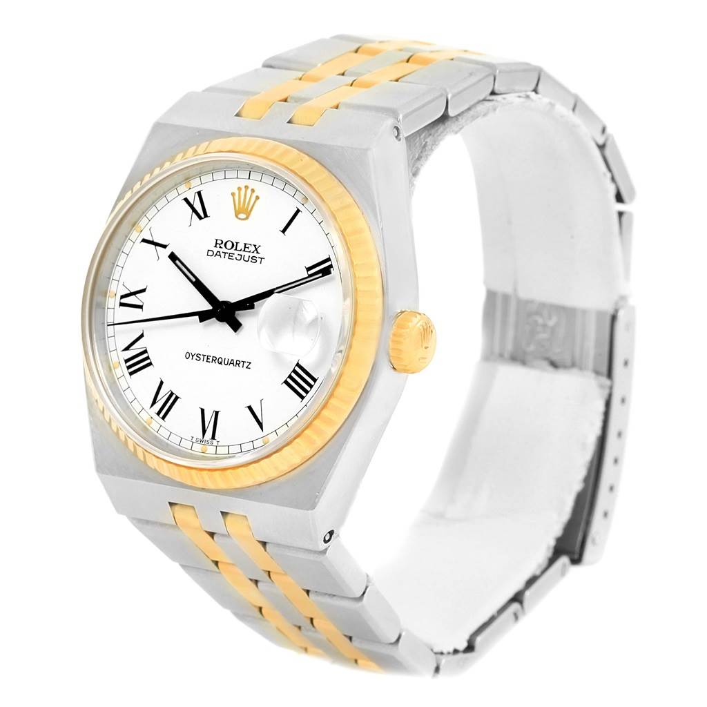 The image shows a side angle view of the Rolex Oysterquartz 17013 Men's Stainless Steel White Dial 17013 Men's Stainless Steel White Dial Datejust watch, highlighting the dial, bezel, and bracelet.