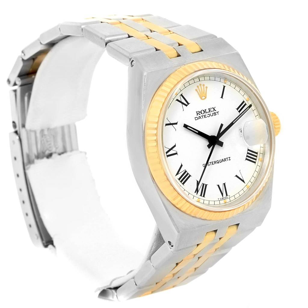 The image shows a Rolex Oysterquartz 17013 Men's Stainless Steel White Dial 17013 Men's Stainless Steel White Dial Datejust watch at a slight left-side angle, highlighting its bracelet, dial, and bezel.