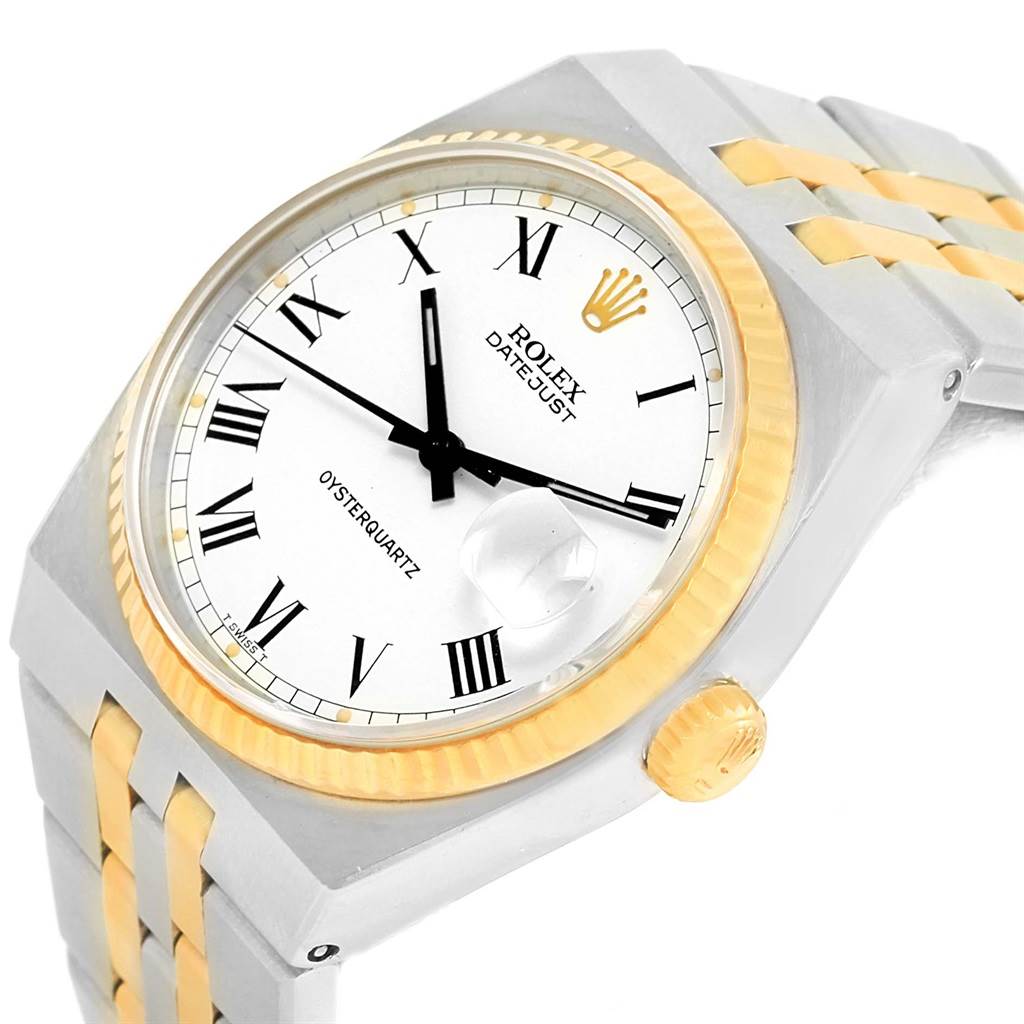 The image shows a Rolex Oysterquartz 17013 Men's Stainless Steel White Dial 17013 Men's Stainless Steel White Dial Datejust watch at an angled close-up, highlighting the dial, bezel, and band.