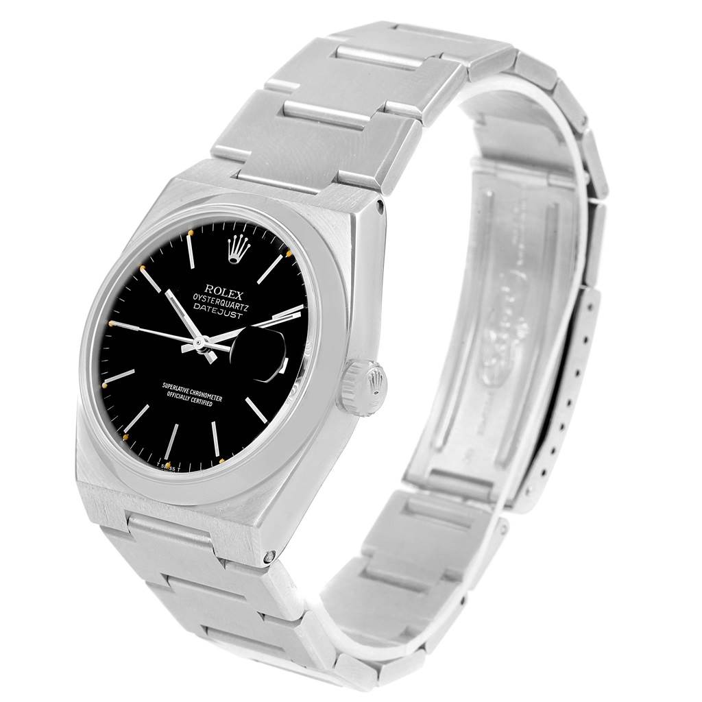The image shows a Rolex Oysterquartz 17000 Men
s Stainless Steel Black Dial 17000 Men
s Stainless Steel Black Dial Datejust watch at a three-quarter angle, capturing the face, case, and bracelet.