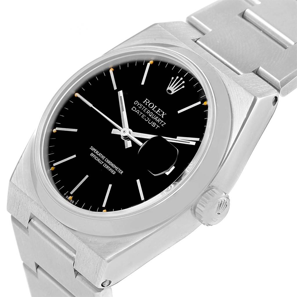 This image shows a top-angle view of a Rolex Oysterquartz 17000 Men
s Stainless Steel Black Dial 17000 Men
s Stainless Steel Black Dial watch
s black dial, case, crown, and part of the metal bracelet.