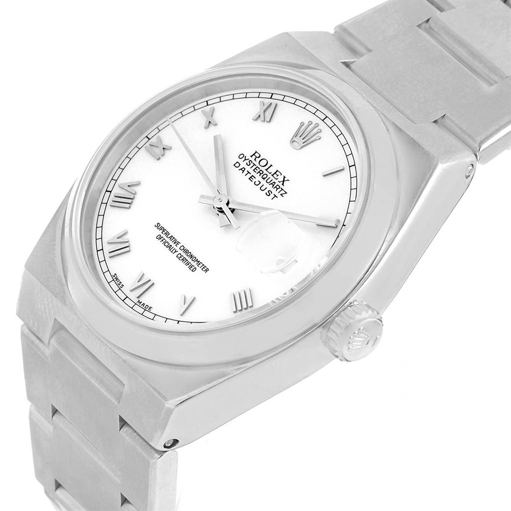 This image shows a Rolex Oysterquartz 17000 Men's Stainless Steel White Dial 17000 Men's Stainless Steel White Dial watch at a slight angle, highlighting the face, bezel, crown, and link bracelet.