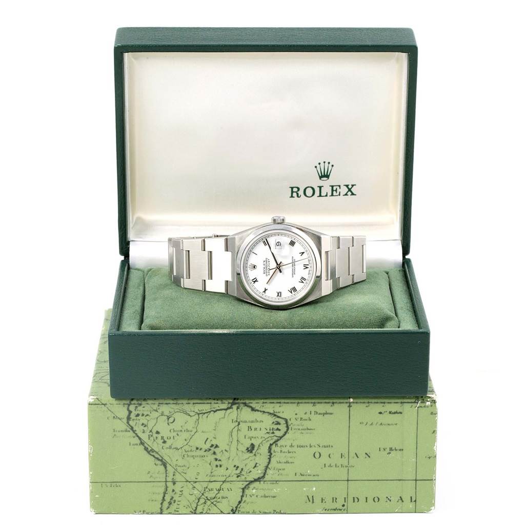 The image shows a Rolex Oysterquartz 17000 Men's Stainless Steel White Dial 17000 Men's Stainless Steel White Dial watch in its case, viewed from the front, showcasing the dial, bracelet, and packaging.