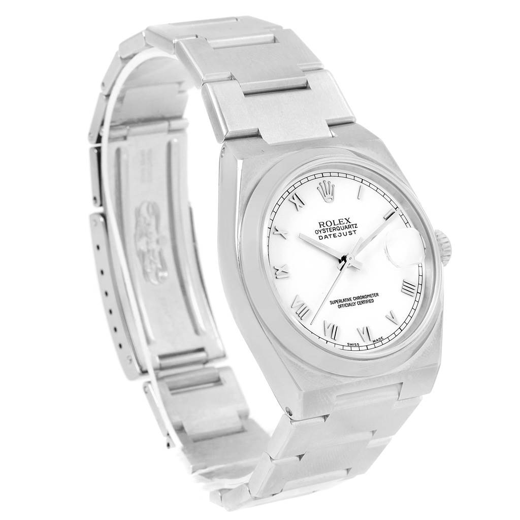 The Rolex Oysterquartz 17000 Men's Stainless Steel White Dial 17000 Men's Stainless Steel White Dial watch is shown at a three-quarter angle, displaying the dial, bezel, band, and crown.