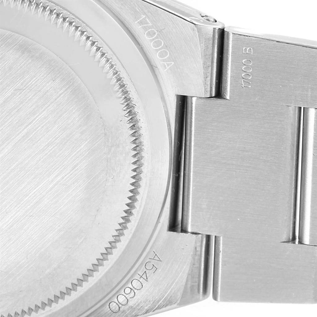 The image shows the back of a Rolex Oysterquartz 17000 Men's Stainless Steel White Dial 17000 Men's Stainless Steel White Dial watch, including the case back and part of the bracelet.