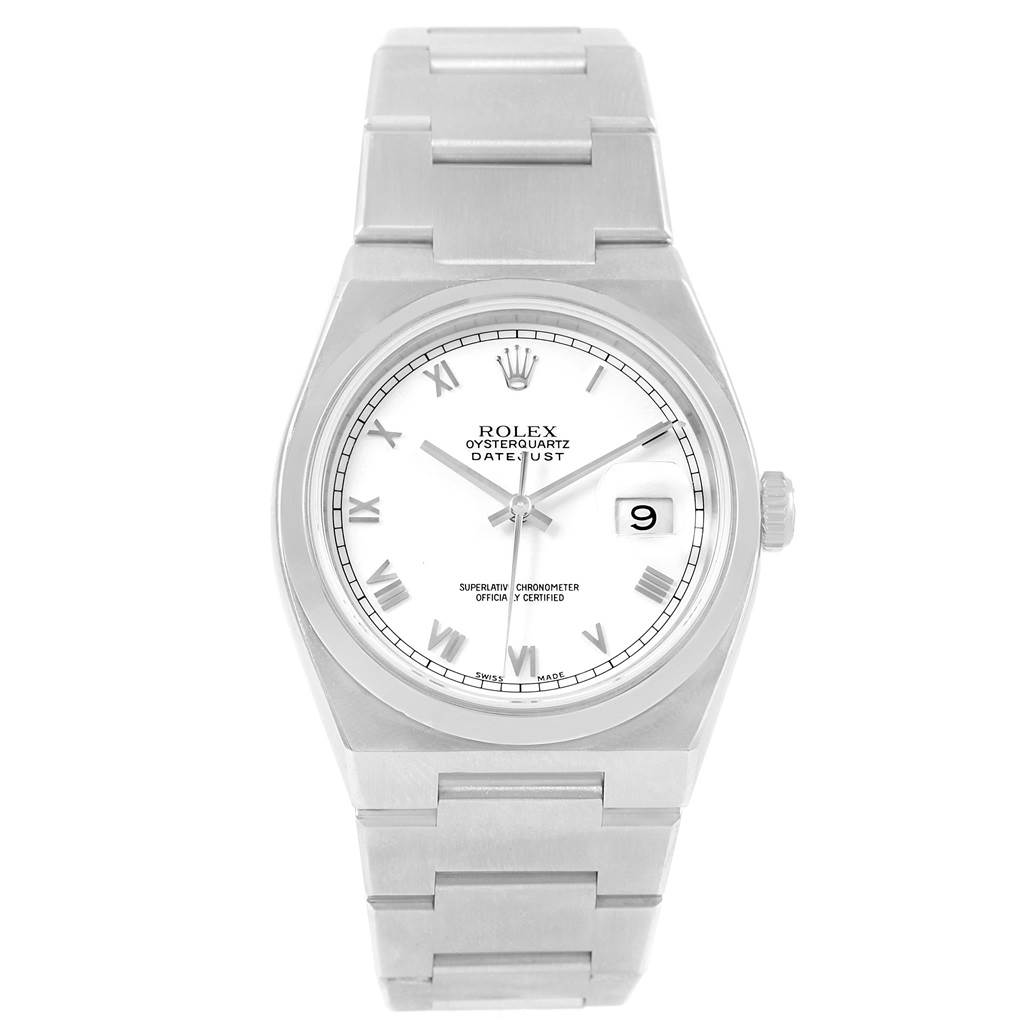 The image shows a frontal view of the Rolex Oysterquartz 17000 Men's Stainless Steel White Dial 17000 Men's Stainless Steel White Dial Datejust watch, highlighting the dial, bracelet, and clasp.