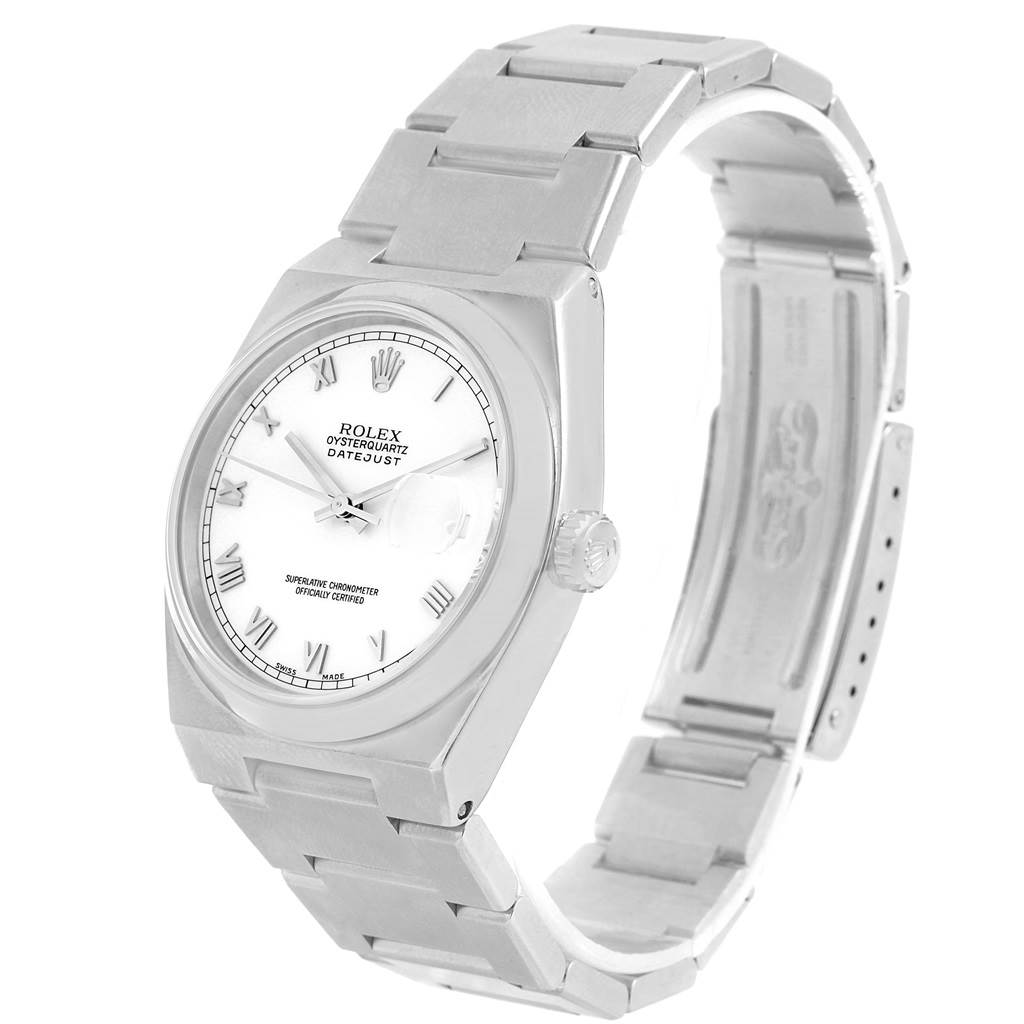 The Rolex Oysterquartz 17000 Men's Stainless Steel White Dial 17000 Men's Stainless Steel White Dial watch is shown at an angle that displays the face, crown, and bracelet.