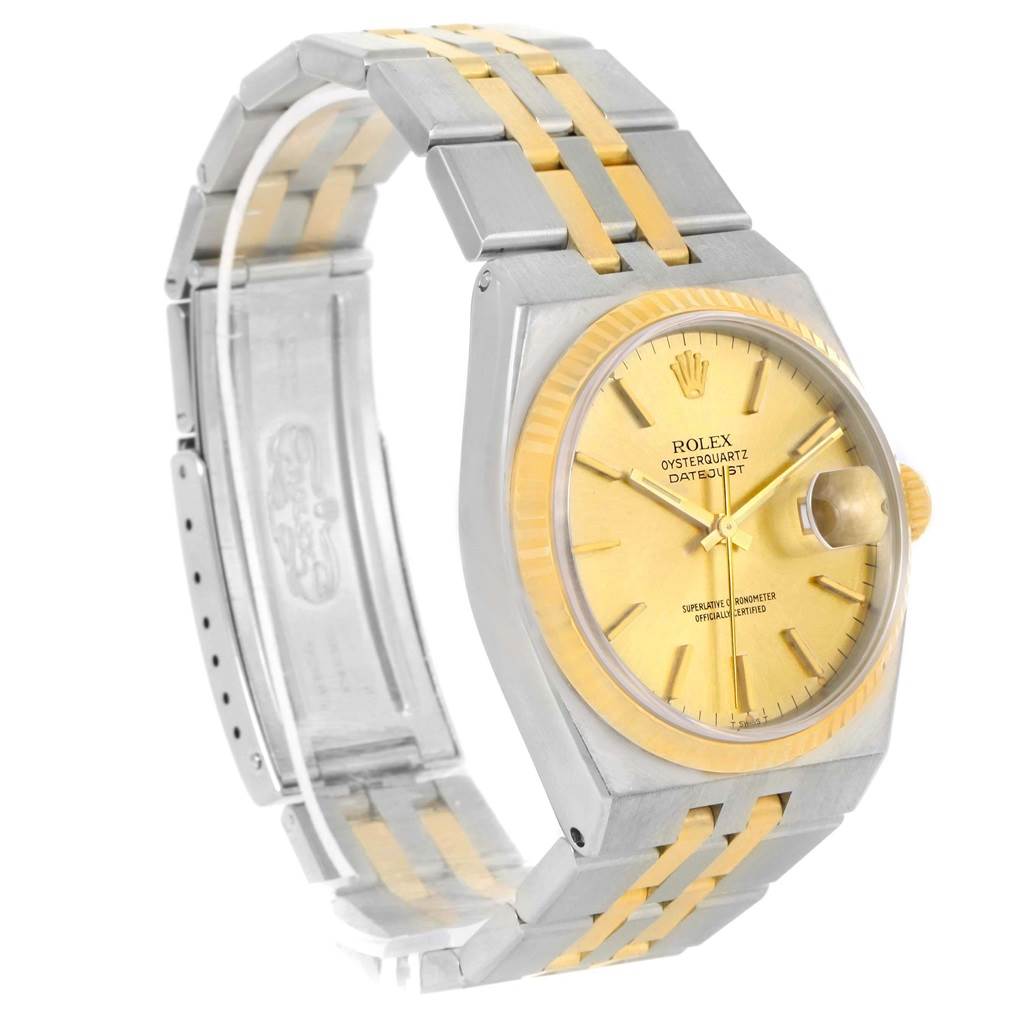 The Rolex Oysterquartz 17013 Men's Stainless Steel Champagne Dial 17013 Men's Stainless Steel Champagne Dial watch is shown at an angled view, highlighting its face, bracelet, and clasp.