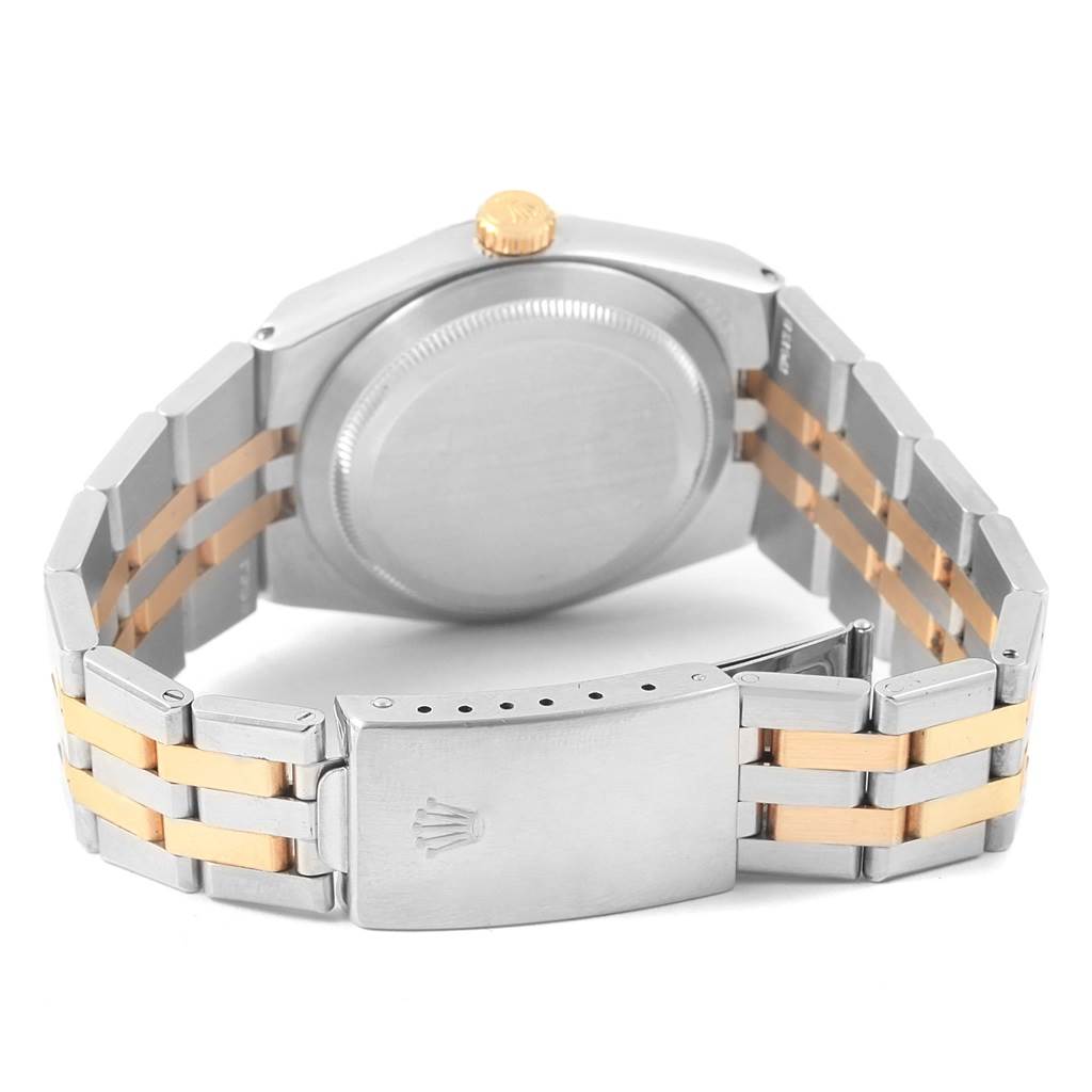 This image shows the back view of a Rolex Oysterquartz 17013 Men's Stainless Steel Champagne Dial 17013 Men's Stainless Steel Champagne Dial watch, highlighting the bracelet and clasp.