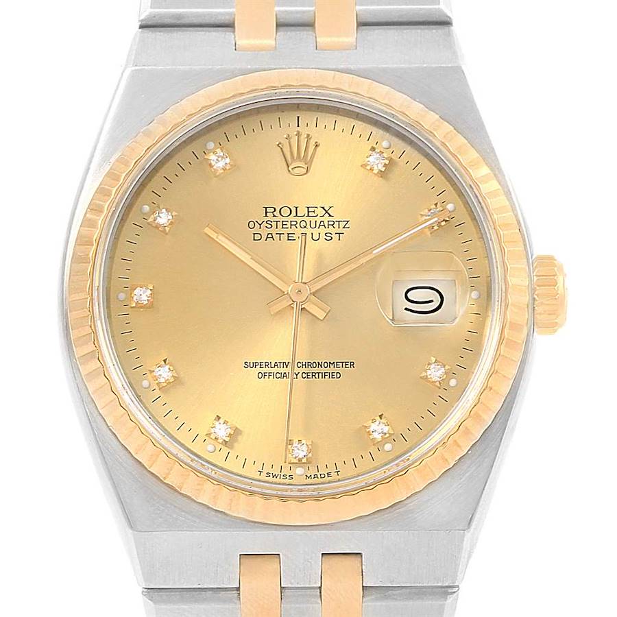 The image shows a front-angle view of the Rolex Oysterquartz Datejust, highlighting the dial, bezel, and part of the bracelet.