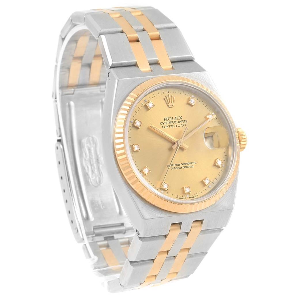 The Rolex Oysterquartz 17013 Men
s Stainless Steel Champagne Dial 17013 Men
s Stainless Steel Champagne Dial watch is shown at an angled view, displaying its dial, bracelet, and case.