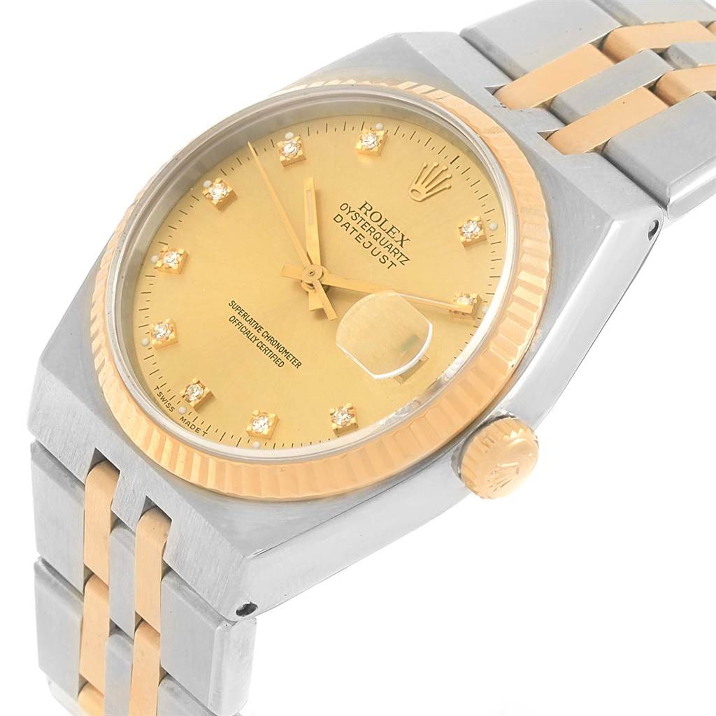 The image shows the Rolex Oysterquartz 17013 Men
s Stainless Steel Champagne Dial 17013 Men
s Stainless Steel Champagne Dial Datejust watch at a slight angle, highlighting the dial, bezel, crown, and part of the bracelet.