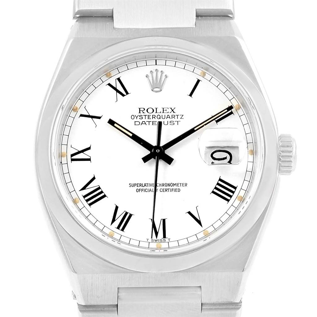 The image shows a front view of a Rolex Oysterquartz 17000 Men's Stainless Steel White Dial 17000 Men's Stainless Steel White Dial watch, displaying its white dial, Roman numeral markers, and date window.