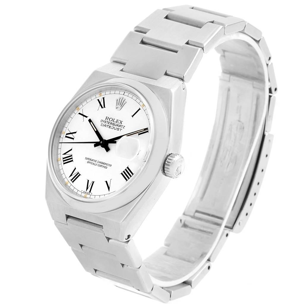 The Rolex Oysterquartz 17000 Men's Stainless Steel White Dial 17000 Men's Stainless Steel White Dial watch is shown at a three-quarter angle, displaying the dial, bezel, crown, and bracelet.