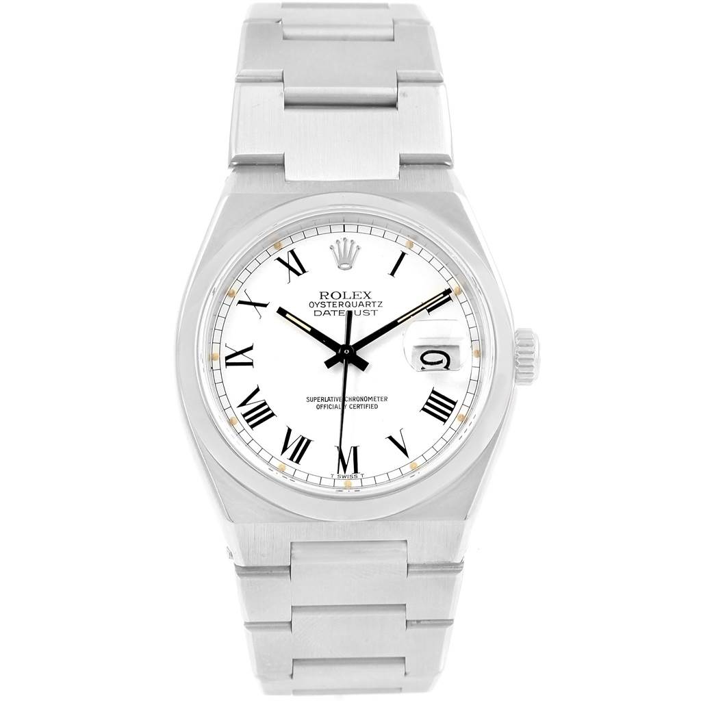 The image shows a front view of a Rolex Oysterquartz 17000 Men's Stainless Steel White Dial 17000 Men's Stainless Steel White Dial Datejust watch, displaying the dial, bezel, case, and part of the bracelet.