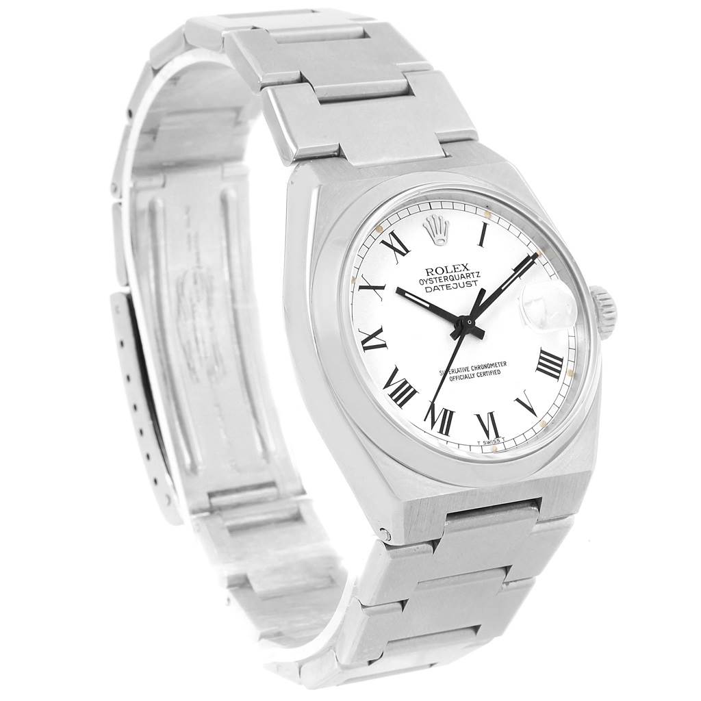 The Rolex Oysterquartz 17000 Men's Stainless Steel White Dial 17000 Men's Stainless Steel White Dial watch is shown at an angled view, highlighting the white dial, stainless steel bracelet, and open clasp.