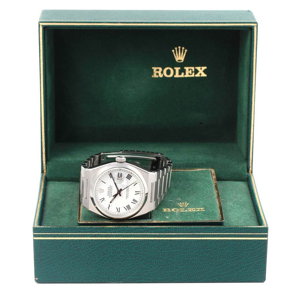 The Rolex Oysterquartz 17000 Men's Stainless Steel White Dial 17000 Men's Stainless Steel White Dial watch is displayed frontally in an open green Rolex box.