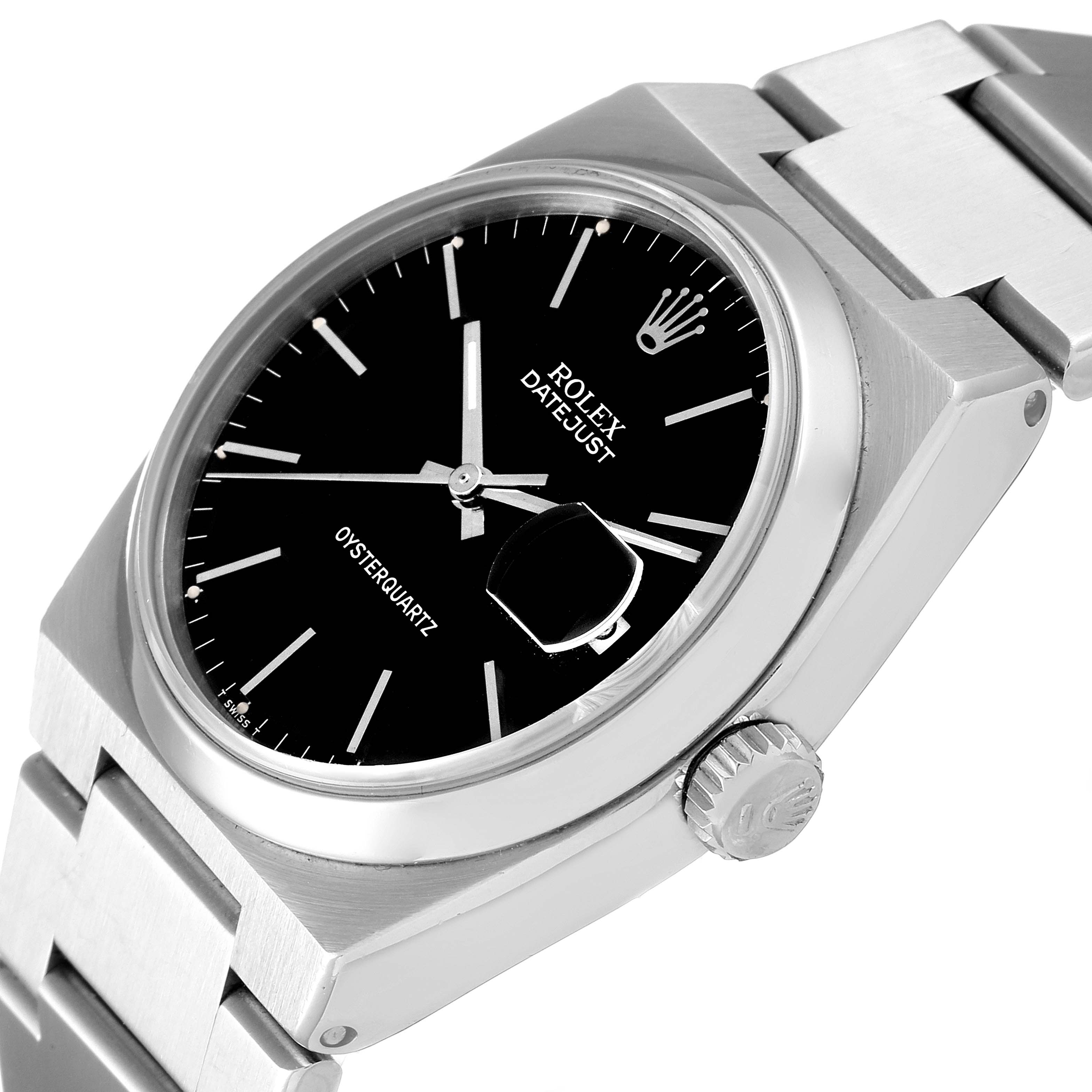 This image shows a Rolex Oysterquartz 17000 Men's Stainless Steel Black Dial 17000 Men's Stainless Steel Black Dial watch angled to display the dial, crown, and bracelet.