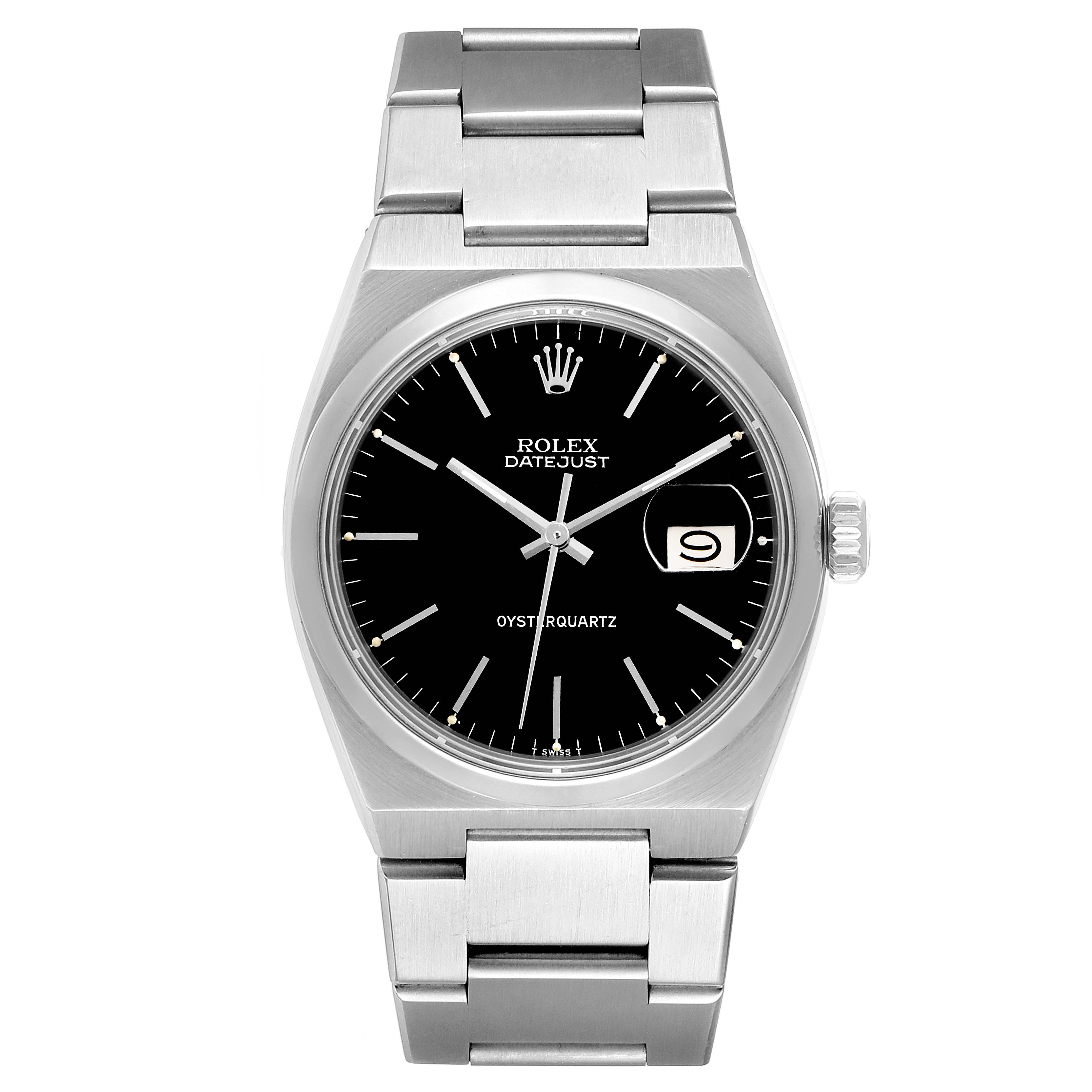 The image shows a front view of the Rolex Oysterquartz 17000 Men's Stainless Steel Black Dial 17000 Men's Stainless Steel Black Dial watch displaying the case, dial, hands, crown, and bracelet.