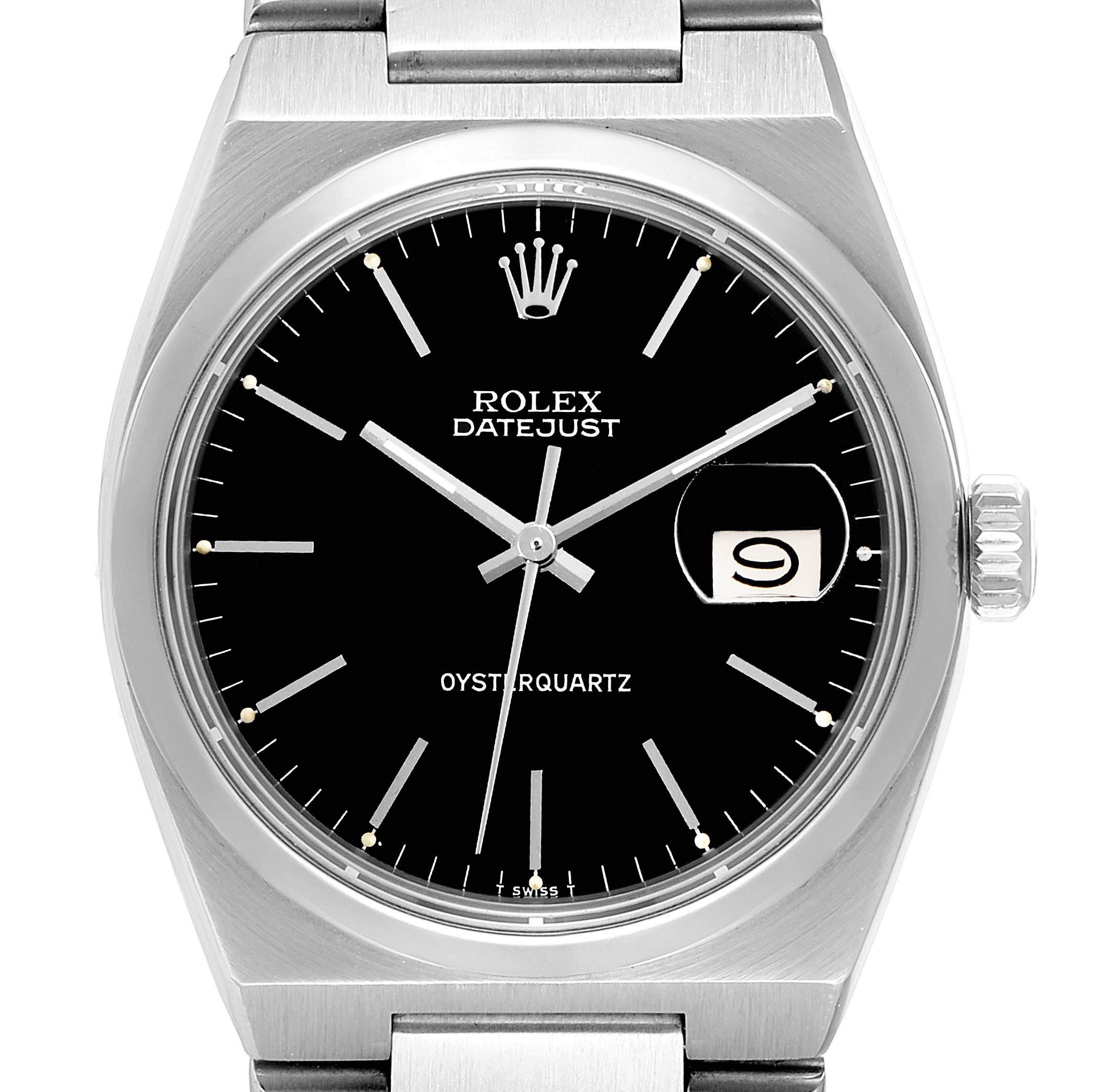 This image shows a front view of the Rolex Oysterquartz 17000 Men's Stainless Steel Black Dial 17000 Men's Stainless Steel Black Dial Datejust, highlighting the dial, hands, crown, and date window.
