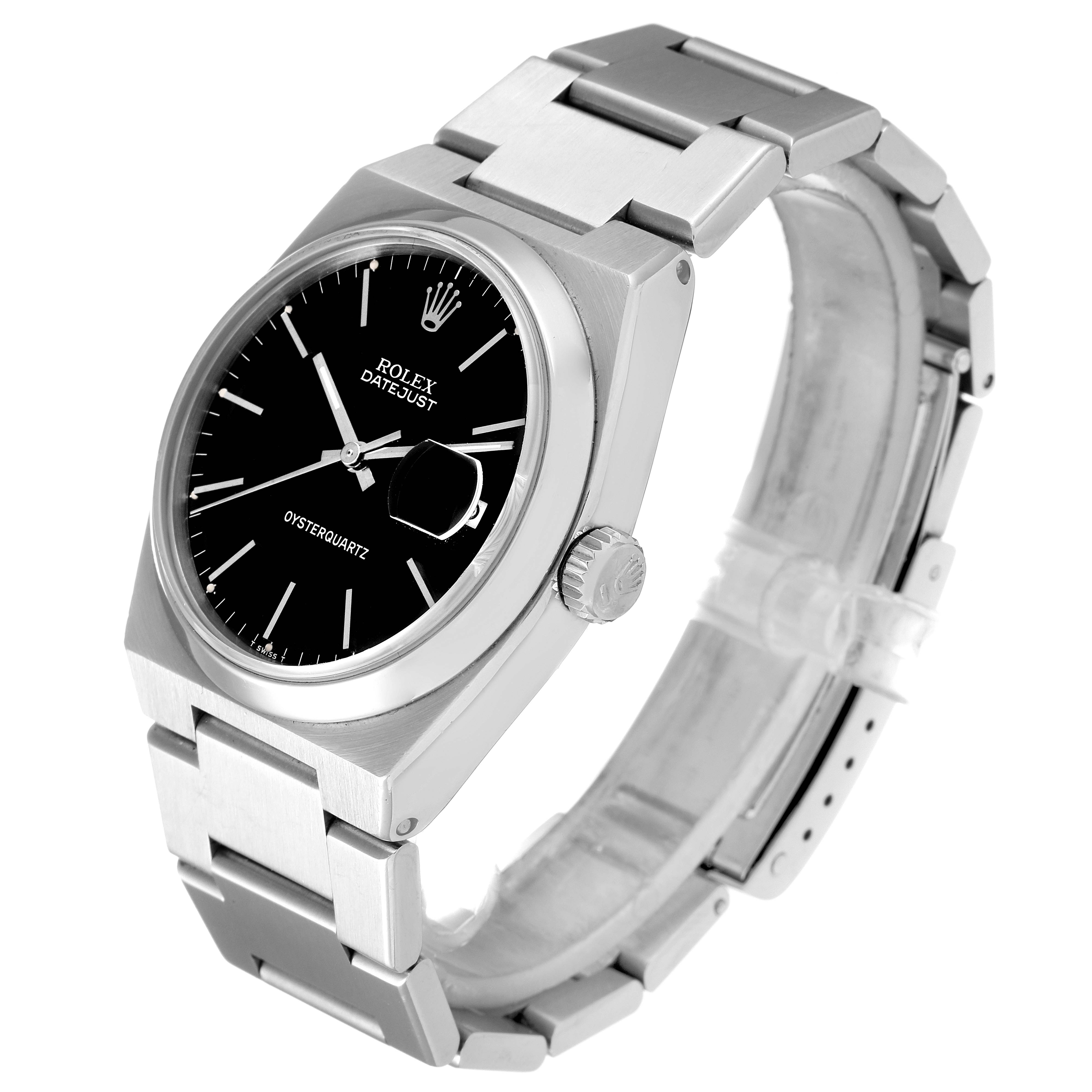 The Rolex Oysterquartz 17000 Men's Stainless Steel Black Dial 17000 Men's Stainless Steel Black Dial watch is shown in an angled side view, highlighting its black dial and metal bracelet.