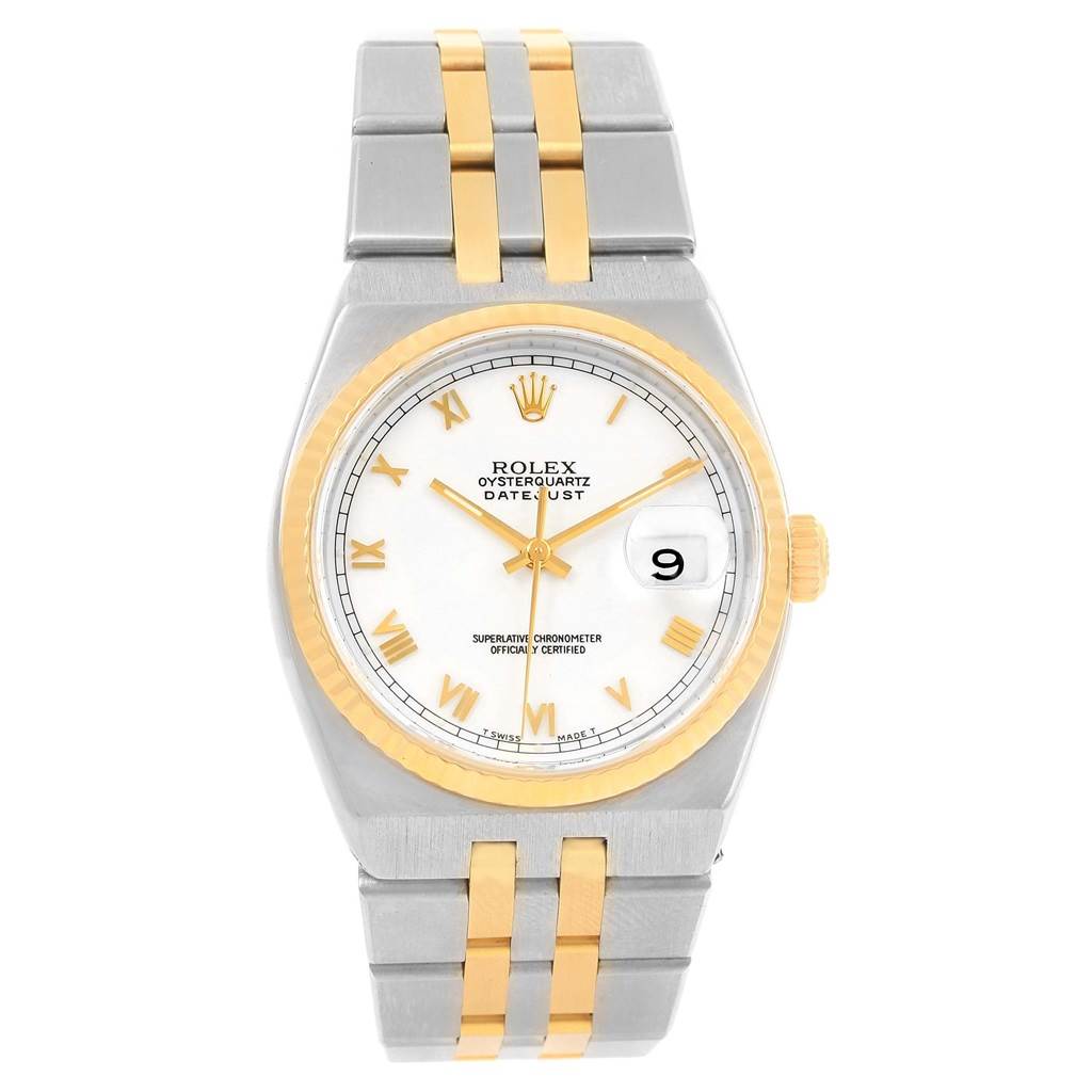 The Rolex Oysterquartz 17013 Men's Stainless Steel White Dial 17013 Men's Stainless Steel White Dial watch is shown from a top-down angle, highlighting the face, bezel, crown, and bracelet.