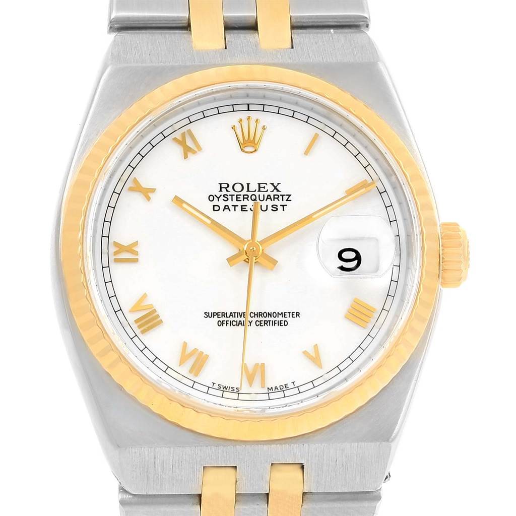 The image shows a frontal view of the Rolex Oysterquartz 17013 Men's Stainless Steel White Dial 17013 Men's Stainless Steel White Dial Datejust watch, highlighting the dial, bezel, and part of the bracelet.