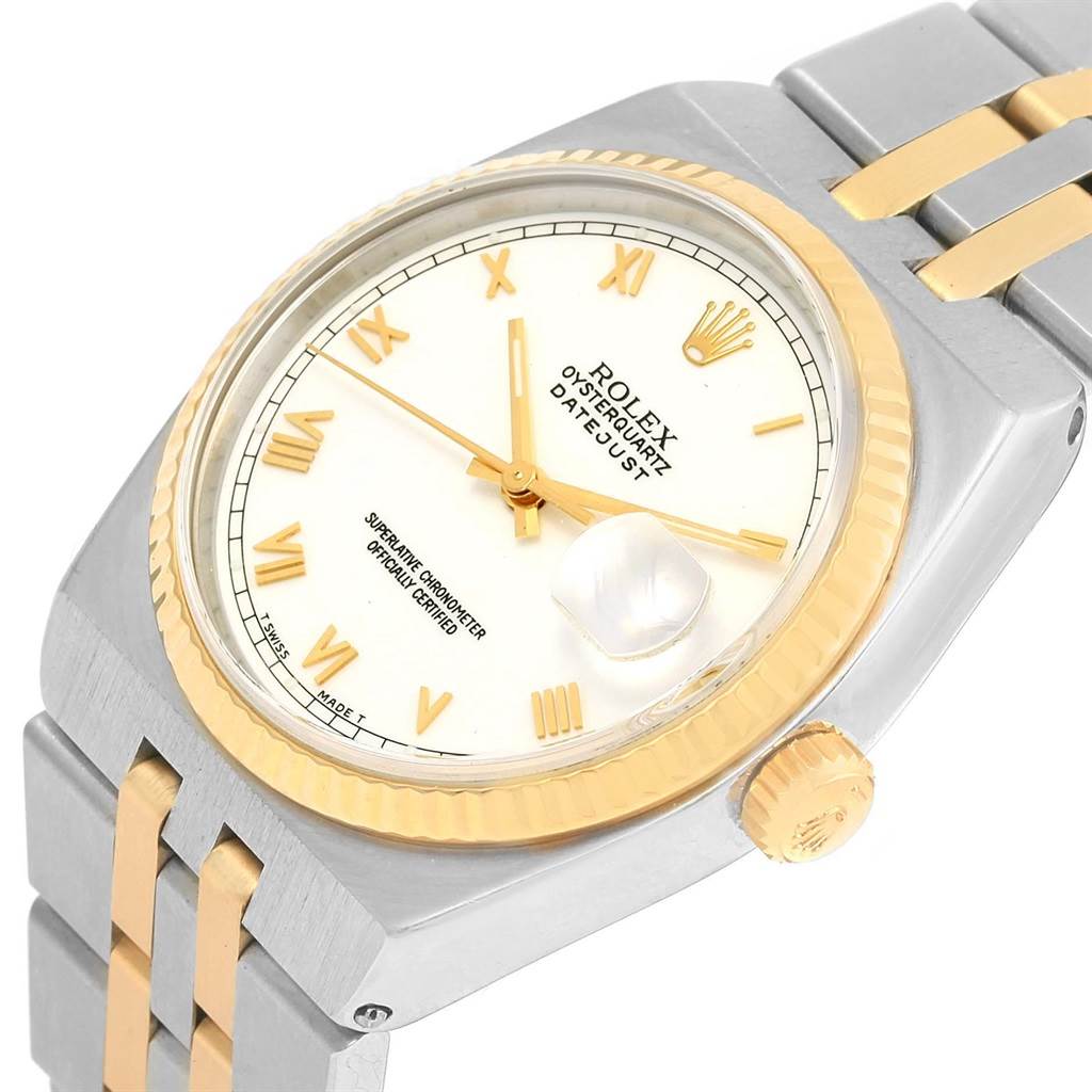 The image shows a close-up angle of a Rolex Oysterquartz 17013 Men's Stainless Steel White Dial 17013 Men's Stainless Steel White Dial Datejust, highlighting the dial, bezel, crown, and part of the bracelet.