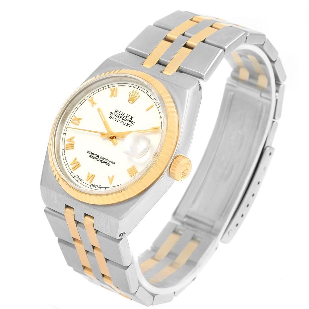 The image shows a Rolex Oysterquartz 17013 Men's Stainless Steel White Dial 17013 Men's Stainless Steel White Dial watch at a three-quarter angle highlighting the face, bezel, and two-tone bracelet.