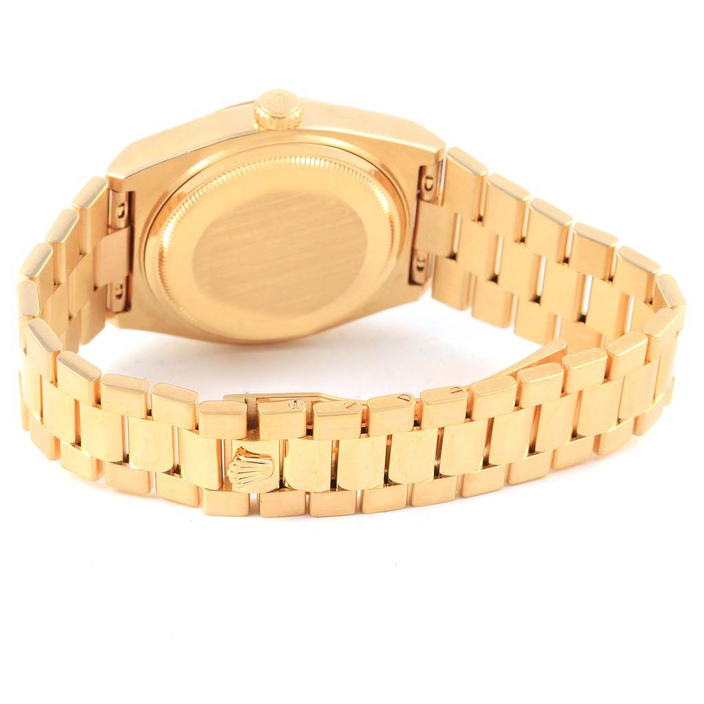 The image shows the back case and bracelet of a Rolex Oysterquartz 19018 Men's Yellow Gold Champagne Dial 19018 Men's Yellow Gold Champagne Dial watch viewed from the rear.