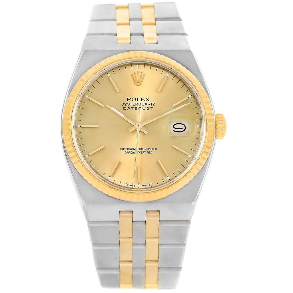 The image shows a front view of the Rolex Oysterquartz 17013 Men's Stainless Steel Champagne Dial 17013 Men's Stainless Steel Champagne Dial watch, including the dial, bezel, crown, and bracelet.