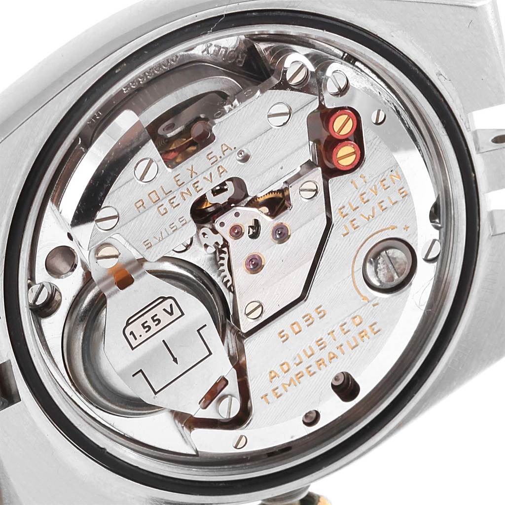 This image shows the internal mechanism of the Rolex Oysterquartz 17013 Men's Stainless Steel Champagne Dial 17013 Men's Stainless Steel Champagne Dial watch, viewed from the rear with the case back removed.