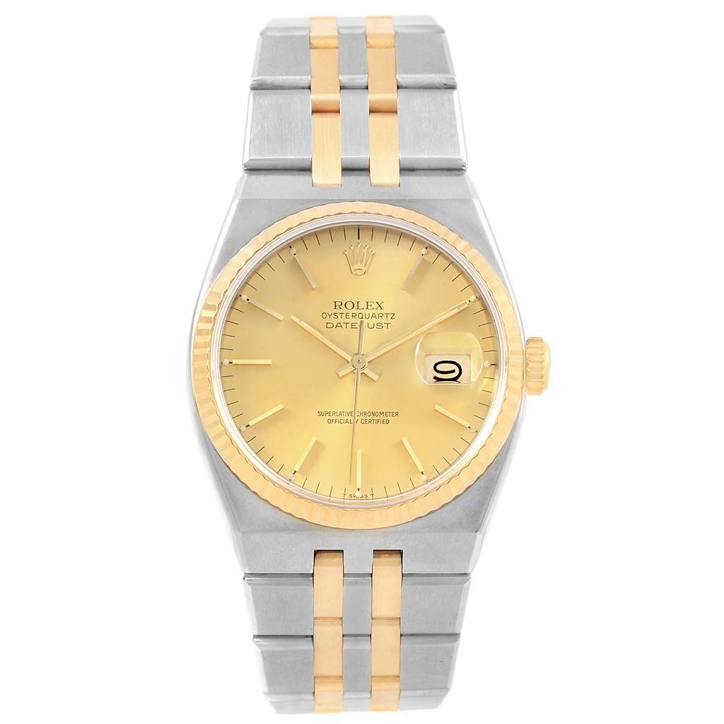 This image shows a front-facing view of a Rolex Oysterquartz 17013 Men's Stainless Steel Champagne Dial 17013 Men's Stainless Steel Champagne Dial Datejust watch, displaying the dial, bezel, crown, and bracelet.