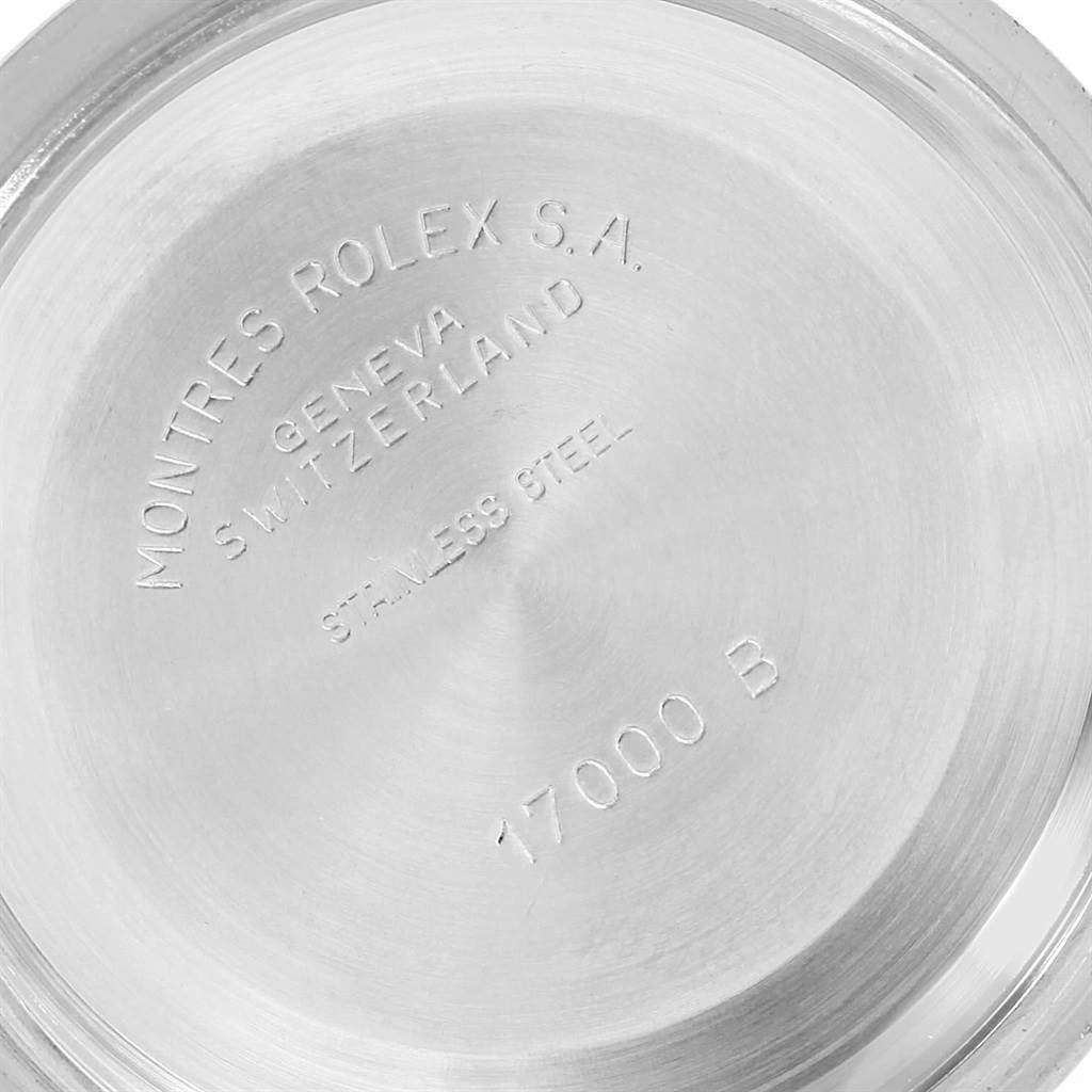 This image shows the back of a Rolex Oysterquartz 17013 Men's Stainless Steel Champagne Dial 17013 Men's Stainless Steel Champagne Dial watch, highlighting the engraved markings and model number.