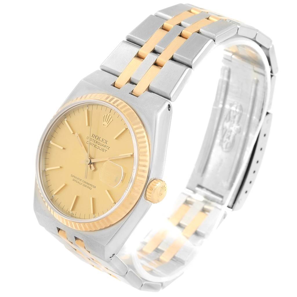 The Rolex Oysterquartz 17013 Men's Stainless Steel Champagne Dial 17013 Men's Stainless Steel Champagne Dial watch is shown at a three-quarter angle displaying the dial, bezel, crown, and part of the bracelet.