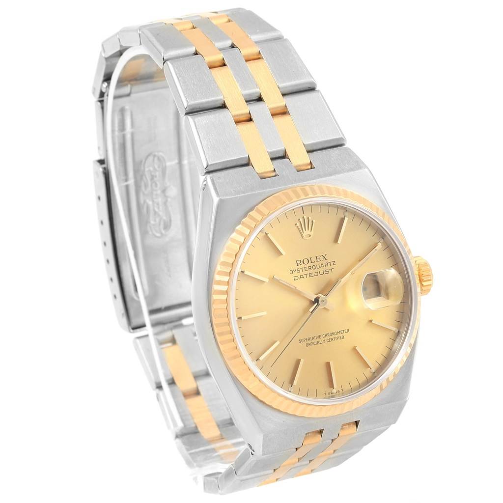 The image shows the front angle of a Rolex Oysterquartz 17013 Men's Stainless Steel Champagne Dial 17013 Men's Stainless Steel Champagne Dial Datejust watch, displaying its face and two-tone bracelet.