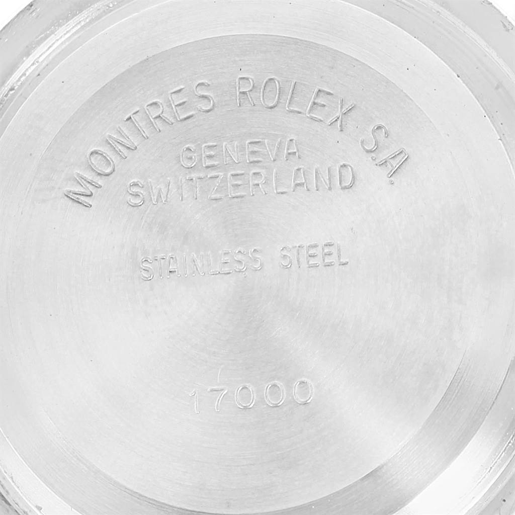 This image shows the case back of the Rolex Oysterquartz 17013 Men
s Stainless Steel Blue Dial 17013 Men
s Stainless Steel Blue Dial, displaying the brand, model, and material information.