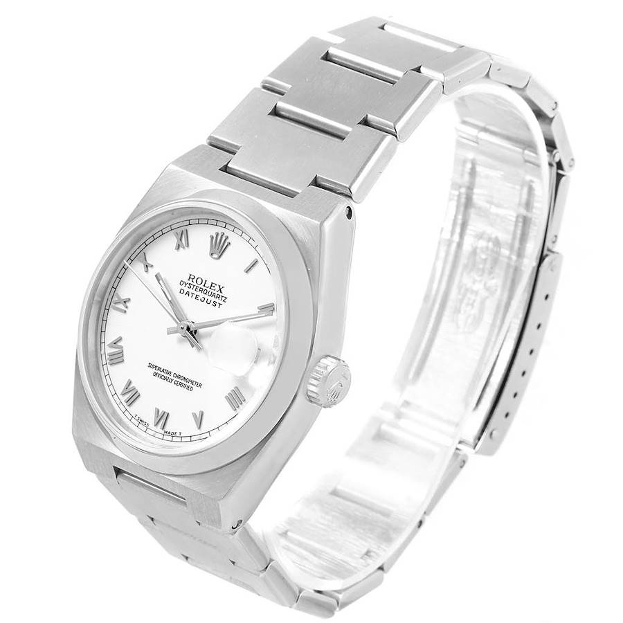 This image shows a Rolex Oysterquartz watch at a three-quarter angle, displaying the face, crown, and stainless steel bracelet.