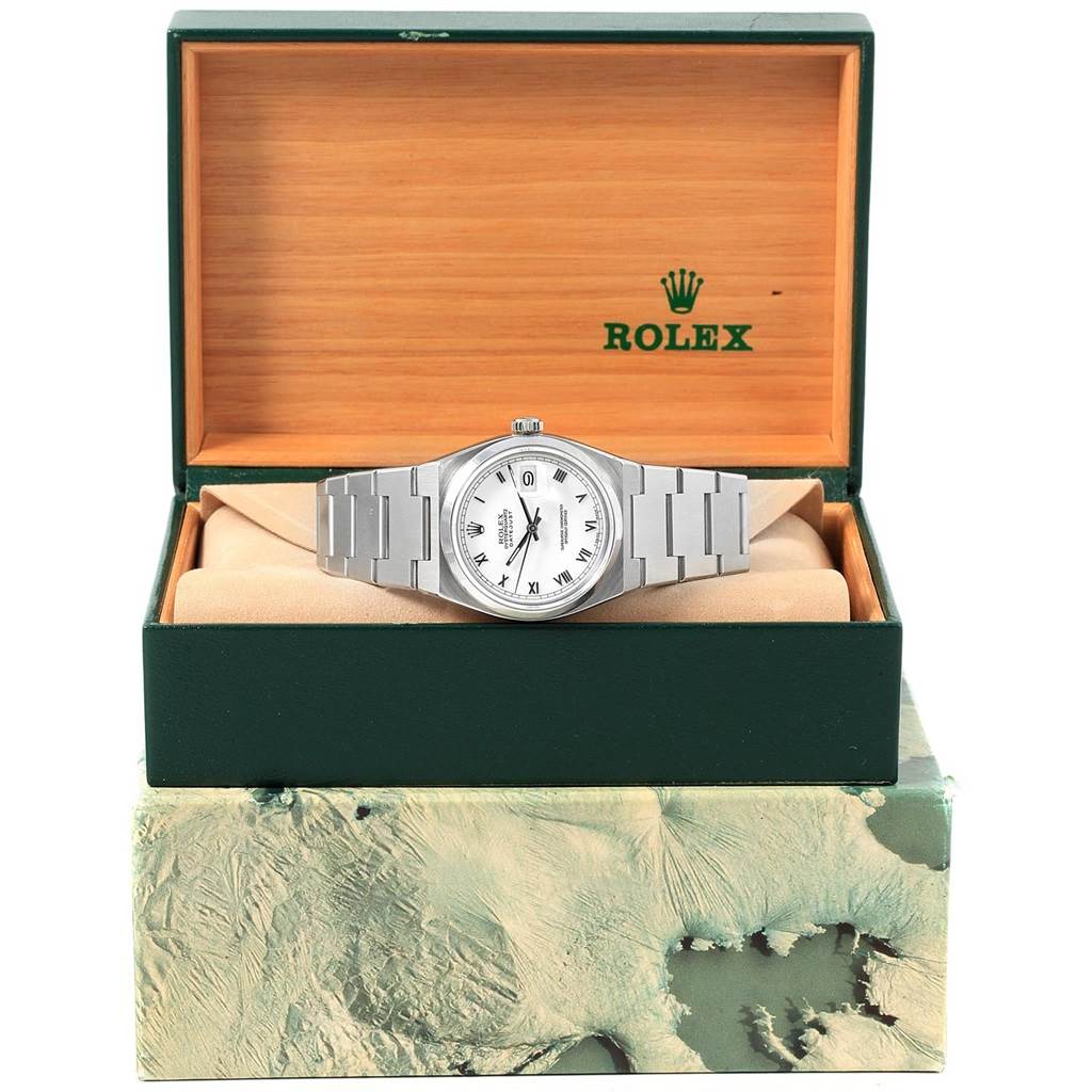 The Rolex Oysterquartz 17000 Men's Stainless Steel White Dial 17000 Men's Stainless Steel White Dial watch is shown from the front, displayed in an open Rolex box.