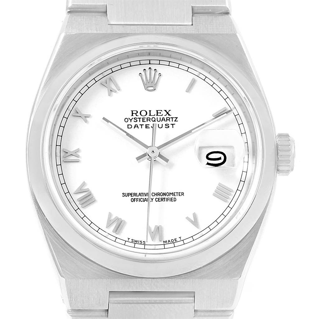 The image shows a frontal view of a Rolex Oysterquartz 17000 Men's Stainless Steel White Dial 17000 Men's Stainless Steel White Dial Datejust, displaying the dial, hands, crown, and bracelet.