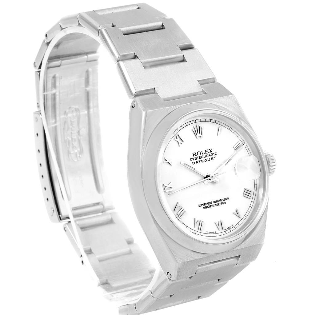The image shows a Rolex Oysterquartz 17000 Men's Stainless Steel White Dial 17000 Men's Stainless Steel White Dial watch at a slight angle, highlighting the face, bezel, case, and part of the bracelet.