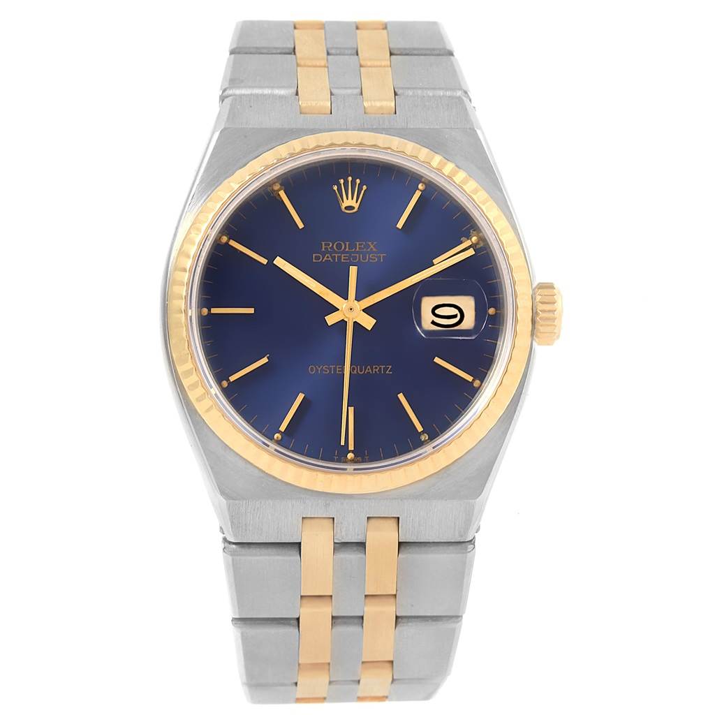 This Rolex Oysterquartz 17013 Men
s Steel and Gold (two tone) Blue Dial 17013 Men
s Steel and Gold (two tone) Blue Dial Datejust watch is shown from the front, displaying the dial, bezel, crown, and bracelet.
