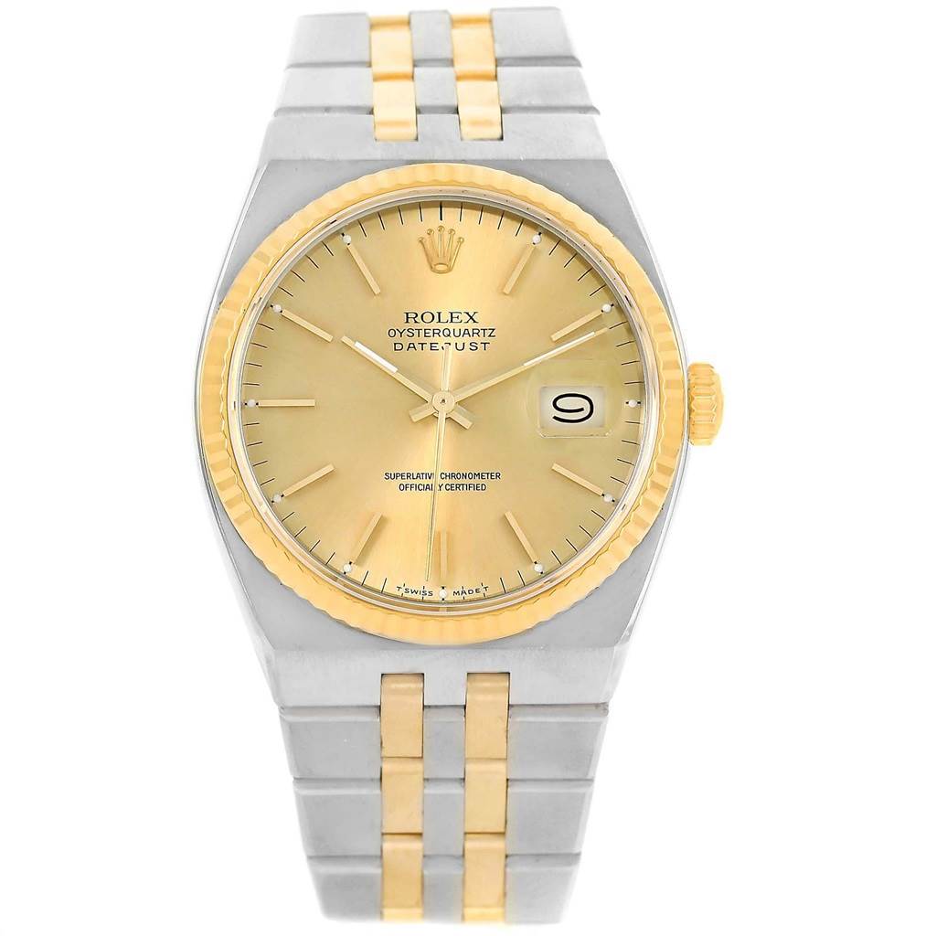 The image shows a Rolex Oysterquartz 17013 Men's Stainless Steel Champagne Dial 17013 Men's Stainless Steel Champagne Dial watch from a front angle, detailing the face, bezel, crown, and bracelet.