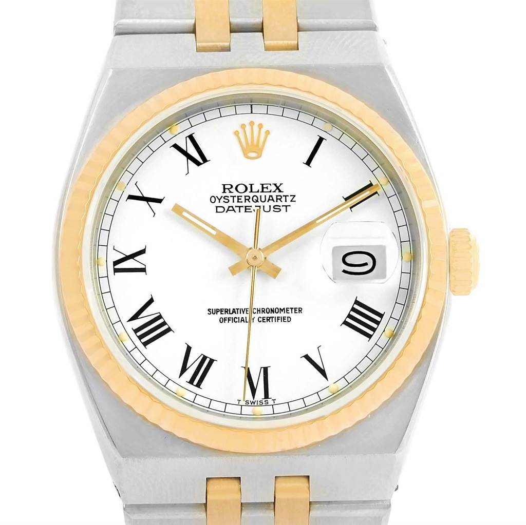 The image shows a front view of the dial, bezel, and part of the bracelet of the Rolex Oysterquartz 17013 Men's Steel and Gold (two tone) White Dial 17013 Men's Steel and Gold (two tone) White Dial Datejust watch.