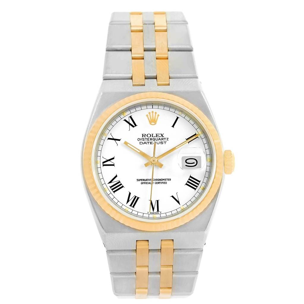 The image shows a front view of a Rolex Oysterquartz 17013 Men's Steel and Gold (two tone) White Dial 17013 Men's Steel and Gold (two tone) White Dial Datejust watch, highlighting the dial, bezel, and bracelet.