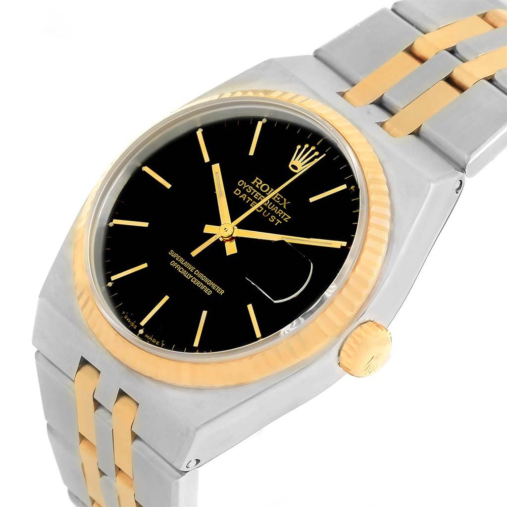 This image shows a close-up angled view of the Rolex Oysterquartz 17013 Men's Stainless Steel Black Dial 17013 Men's Stainless Steel Black Dial watch, highlighting the face, bezel, and part of the bracelet.