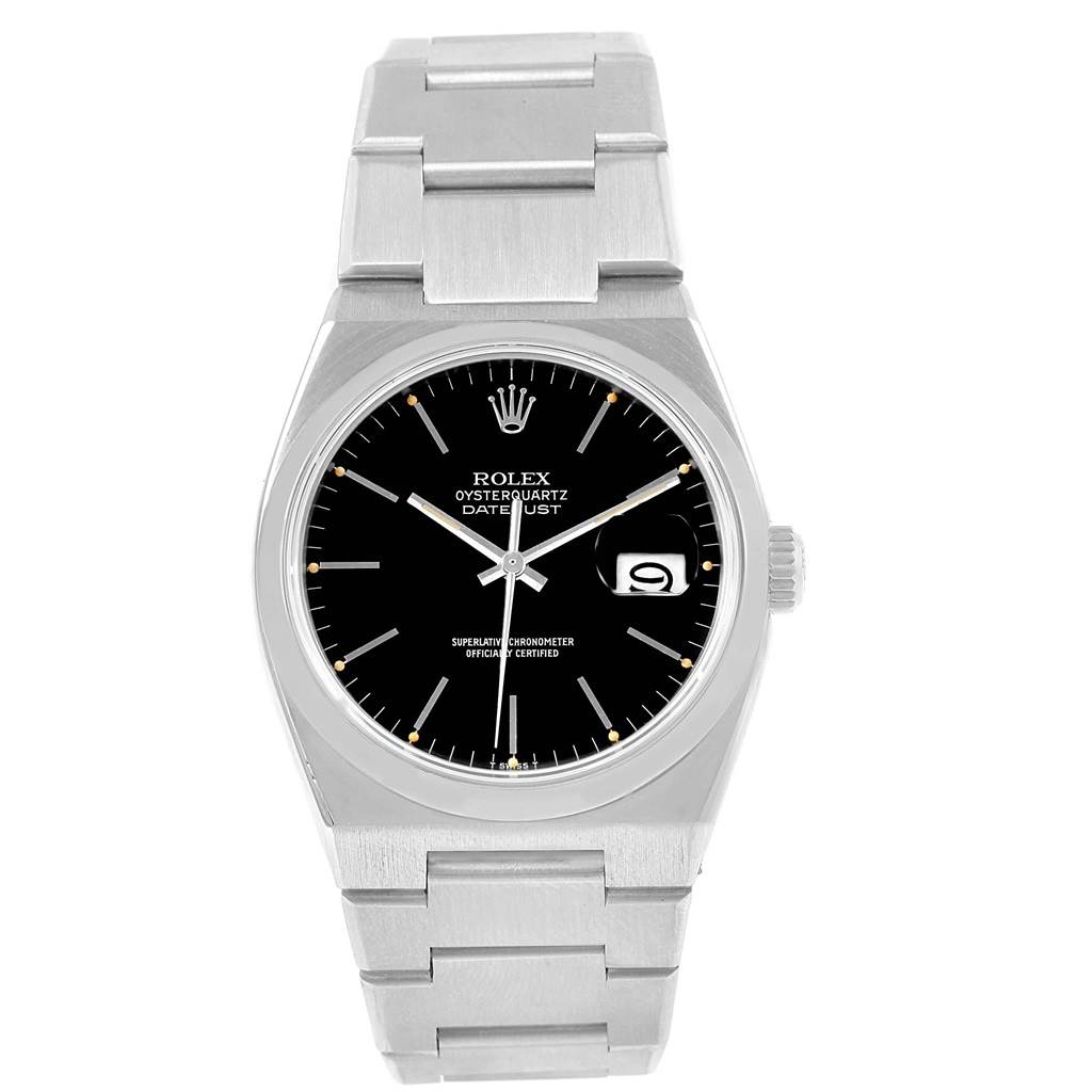 The image shows a frontal view of a Rolex Oysterquartz 17000 Men's Stainless Steel Black Dial 17000 Men's Stainless Steel Black Dial Datejust watch, displaying the dial, hands, date window, bezel, and bracelet.